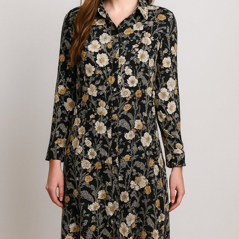 Grifflin Paris Shirt Dress Dark Floral Longsleeve Medium Tunic Top Long Length